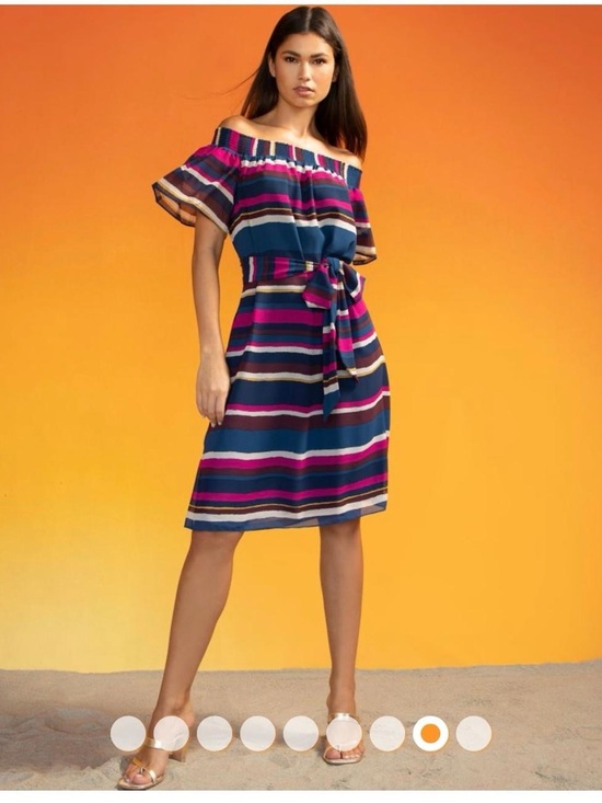 Trina Turk Dresses & Skirts - NWOT Trina Turk Navy, Pink and Teal Off-Shoulder Striped Mini Dress